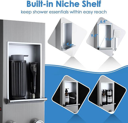 ROVOGO Shower Panel Tower System with Shelf, Rainfall & Mist Shower Head with Led Lights, Body Jets, Handheld and Tub Spout, Stainless Shower Column with Mixer Valve, Brushed