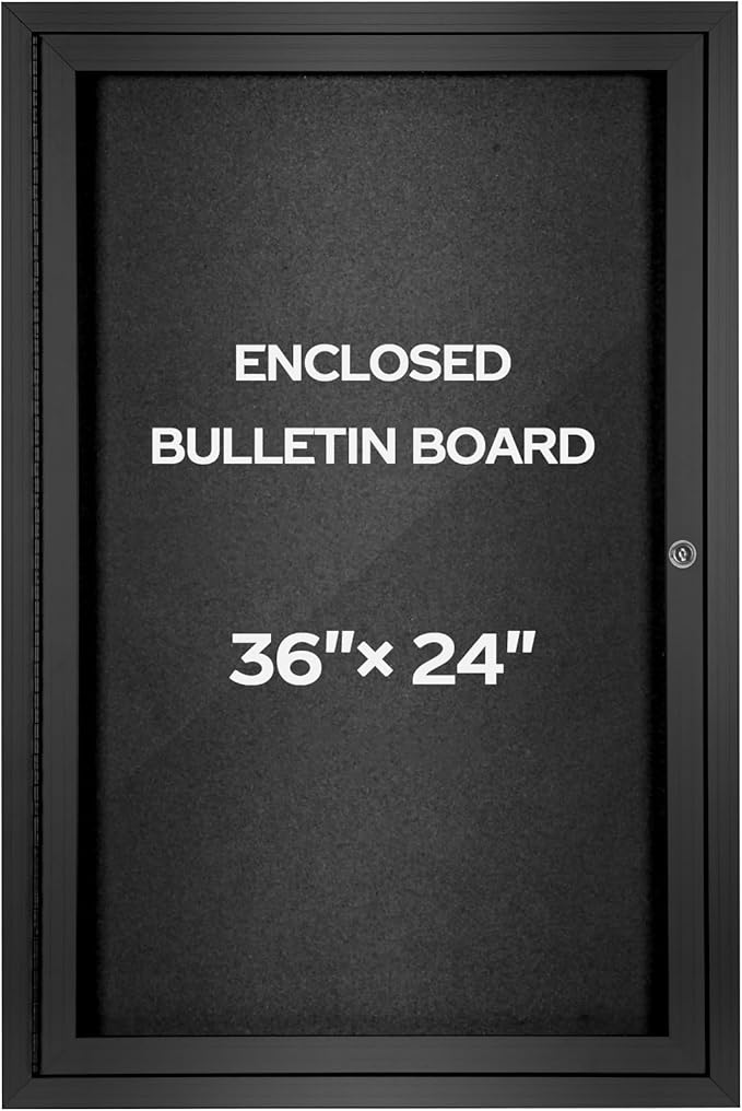 INNOVART Enclosed Bulletin Board 36” x 24”, Lockable Fabric Noticeboard with Aluminum Frame, Wall Display Case with Swing-Open Door Black Felt, Information Cabinet for School, Office, Commercial, etc