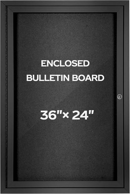 INNOVART Enclosed Bulletin Board 36” x 24”, Lockable Fabric Noticeboard with Aluminum Frame, Wall Display Case with Swing-Open Door Black Felt, Information Cabinet for School, Office, Commercial, etc