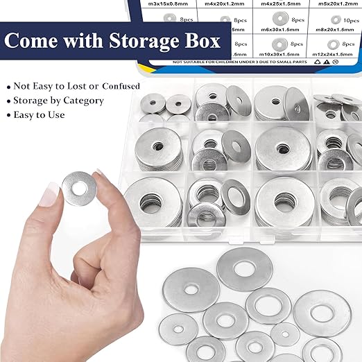 ZQZ 108Pcs Flat Washers, 304 Stainless Steel Fender Washers Assortment, 12 Different Sizes Wide Washer M3 M4 M5 M6 M8 M10 M12 Assorted Flatwashers Kit