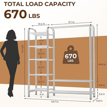 Heavy Duty Clothes Rack with 5 Tiers Shelves, Max Load 670LBS, Portable Freestanding Multi-Functional Metal Clothing Rack with Hanging Rods Organizer System for Bedroom Closet Wardrobe, Chrome