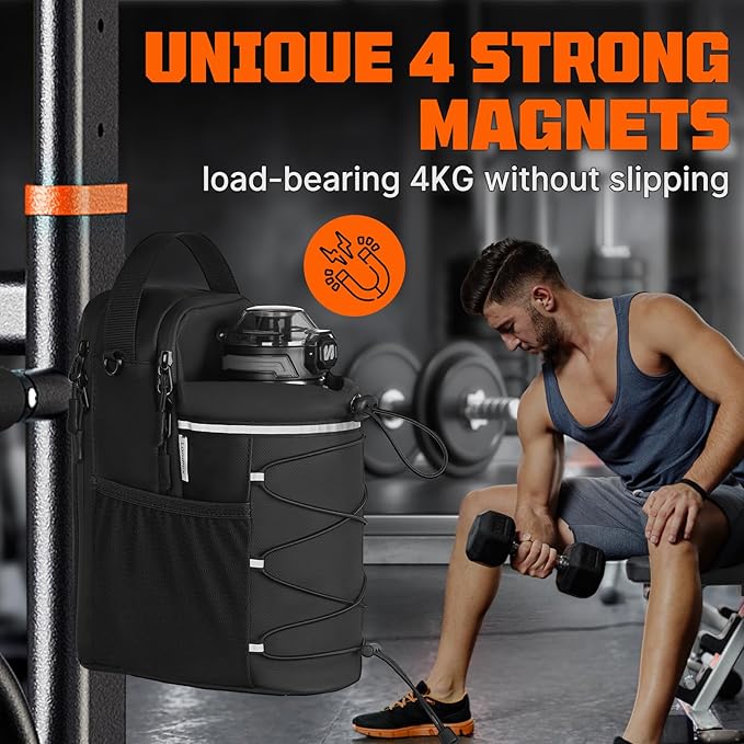 Magnetic Gym Bag with Storage Pockets & Bottle Holder, Lightweight Sports Organizer with Detachable Shoulder Strap, Fitness Bag for Gym, Training, Travel & Home Gym, Durable Strong Magnets Design