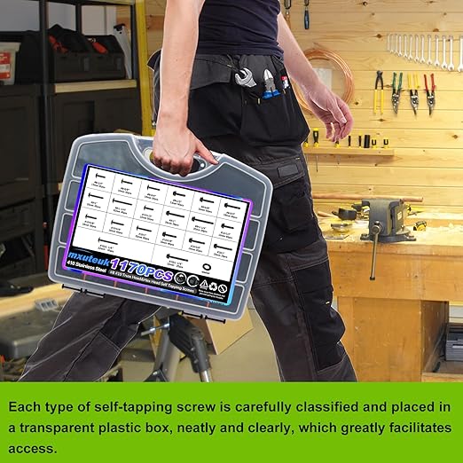 mxuteuk 1170PCS #8#10 Self Tapping Screws for Metal,410 Stainless Steel Self Drilling Screws,Truss Head & Hex Head 1/2" to1-1/4'' Self Tapping Screw for Plastic(800pcs Screw+370pcs Washer)