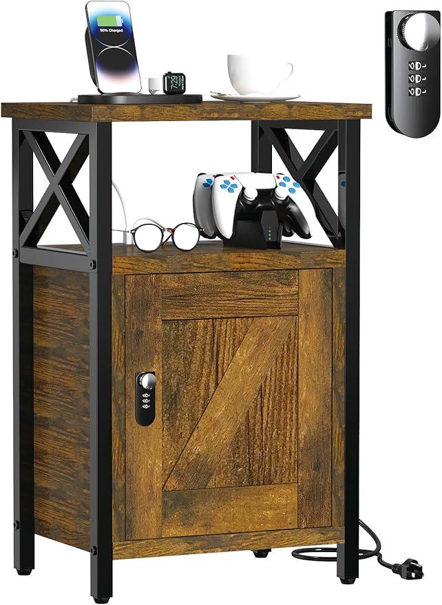 Wooden Nightstand with Lock, Bedside Table with Drawer, Bed Side Table with Charging Station, 3 USB & 2 Outlets, Night Stand with Storage Cabinet, End Table for Bedroom, Brown
