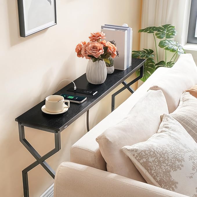 Console Sofa Table, 44.9" Entryway Table with Power Station, Narrow Couch Table with USB Ports and Outlets, Metal Frame, for Entrance, Living Room, Black CTHB113E01