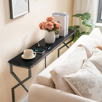 Console Sofa Table, 44.9" Entryway Table with Power Station, Narrow Couch Table with USB Ports and Outlets, Metal Frame, for Entrance, Living Room, Black CTHB113E01
