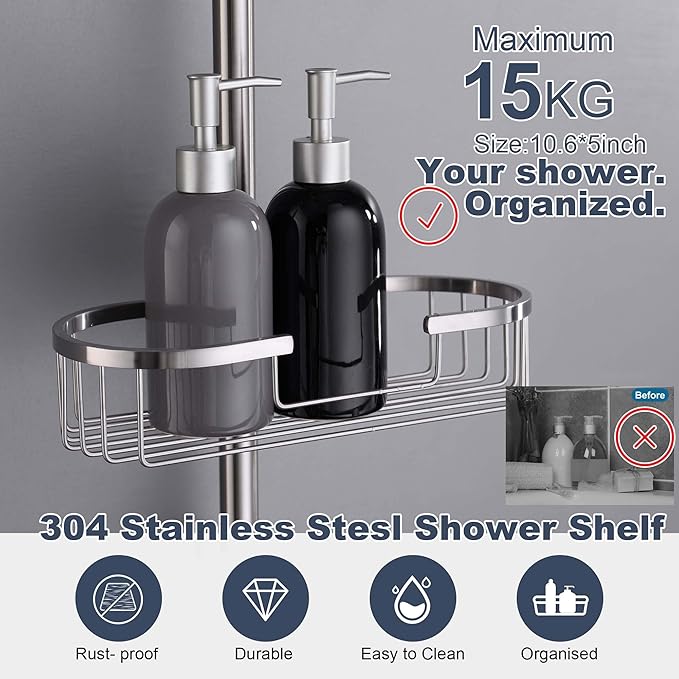 SonTiy Rain Shower Head with Handheld Spray and Shower Shelf, All Metal Shower System Kit with Hand Shower, Height Adjustable Holder and Brass Diverter for Whole Family, 1.8GPM,Brushed Nickel