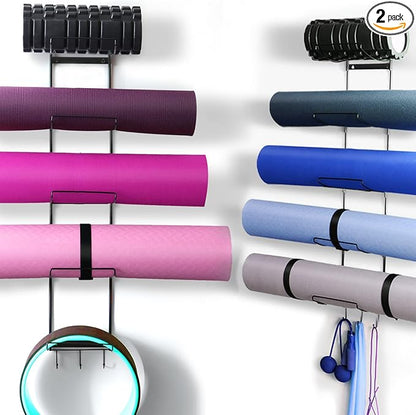 5-Tiers Yoga Mat Holder Wall Mount, Metal Storage Rack for Yoga Mat/Wheels, Foam Roller and Block etcs, Wall Rack Organizer with 3-Hooks for Hanging Stretching Strap & Resistance Bands（2 Pack）