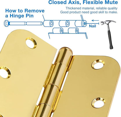 18 Pack Door Hinges for Doors Interior 3 1/2 Door Hinges 3.5 Inch 5/8" Radius Rounded Polished Brass Hinges Bright Gold Bedroom Bathroom Office Hallway Indoor Standard Residential Door Hinge Yellow