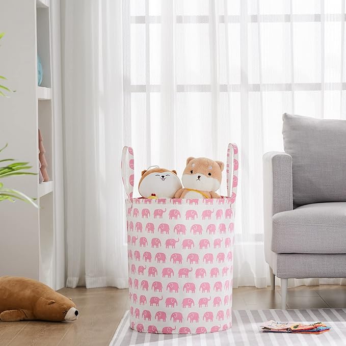 TECHMILLY Large Storage Basket for Girls and Boys, Collapsible Laundry Hamper with Long Handles, Toy Bins for Nursery, Kids Room Décor (Pink Elephant, 2 Pack)