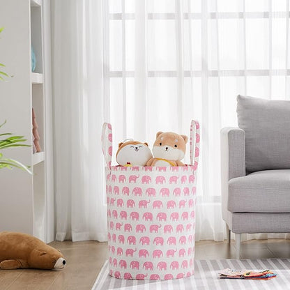 TECHMILLY Large Storage Basket for Girls and Boys, Collapsible Laundry Hamper with Long Handles, Toy Bins for Nursery, Kids Room Décor (Pink Elephant, 2 Pack)