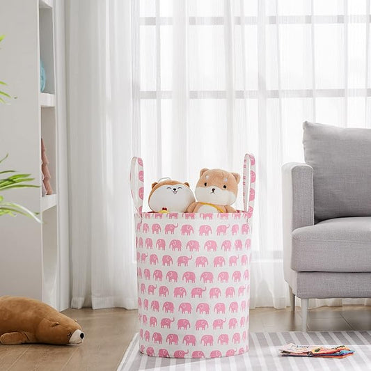 TECHMILLY Large Storage Basket for Girls and Boys, Collapsible Laundry Hamper with Long Handles, Toy Bins for Nursery, Kids Room Décor (Pink Elephant, 2 Pack)