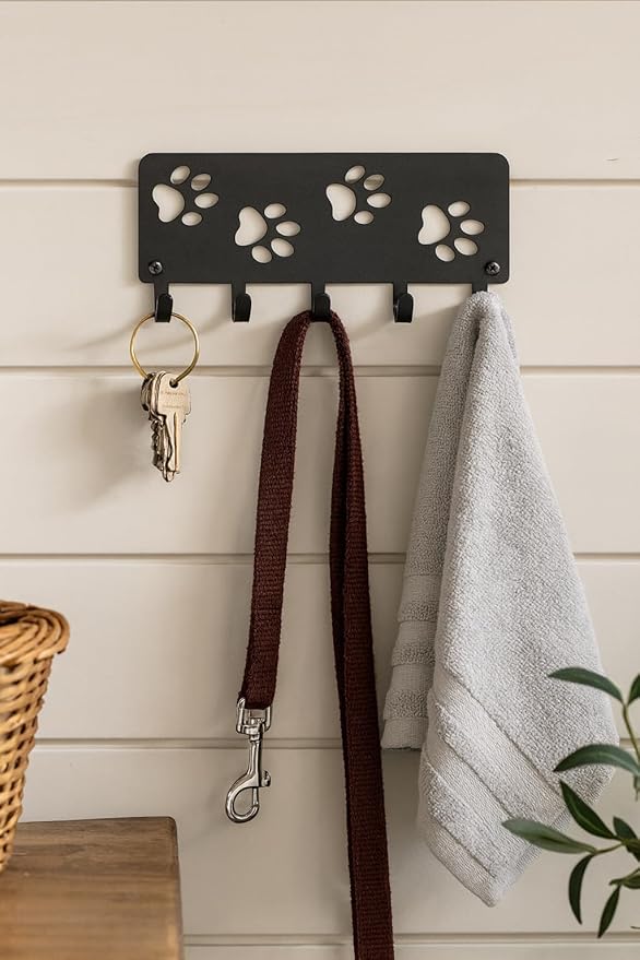 Walking Paws Key Rack Hanger & Dog Leash Organizer - Large 9 inch Wide - Made in USA Gifts for Dog Lovers