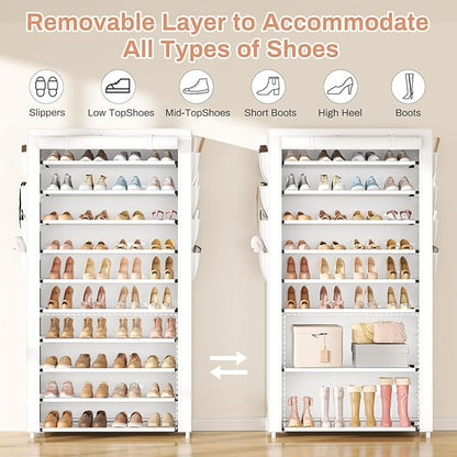 VTRIN Tall Shoe Rack with Cover, 10 Tier Shoe Organizer Storage for 50-55 Pairs Shoes and Boots Large Capacity Shoe Shelf with 8 Pockets Free Standing Shoe Rack for Closet, Entryway, Garage, White