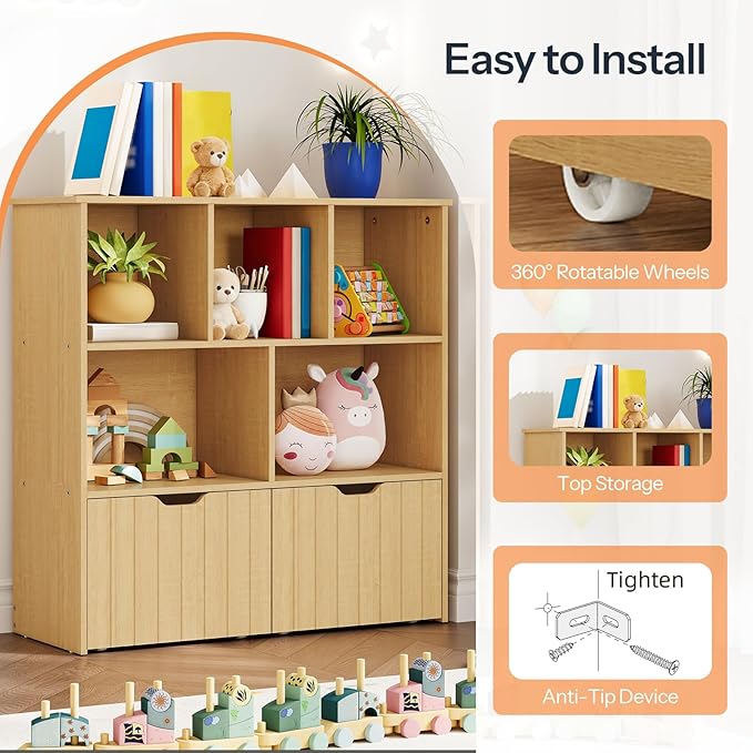 HOOBRO Toy Storage Organizer, Toy Organizers and Storage with 2 Movable Drawers and 5 Cubbies, Kids Bookshelf and Toy Storage for Books or Dolls, Toy Shelf for Playroom, Natural NL88CW01