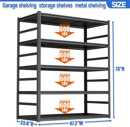 73" H Garage Shelving Heavy Duty 3000LBS Storage Shelves Shelving Unit 5 Tier Adjustable Metal Shelving for Basement, Warehouse, Pantry, Closet, Kitchen 47.2" W × 23.6" D × 73" H, Black