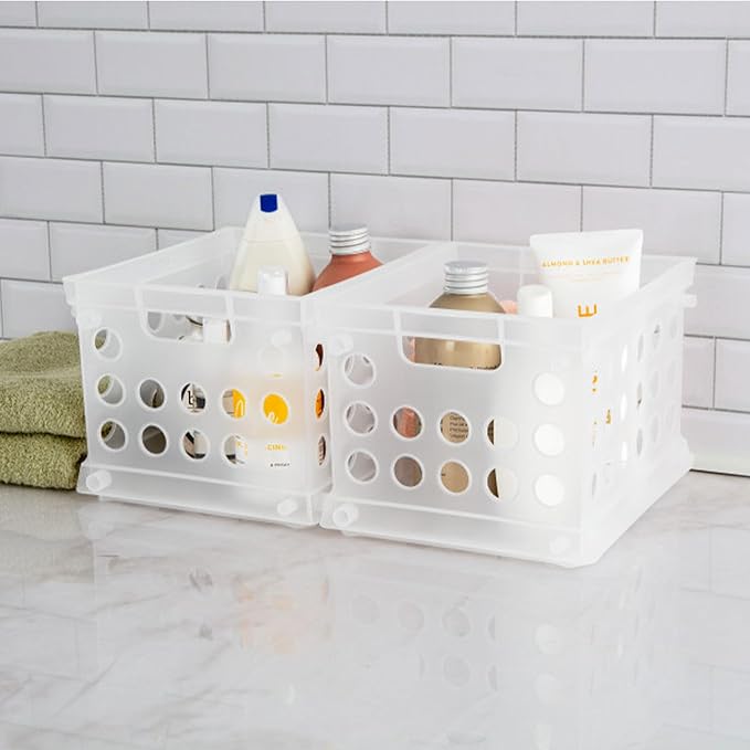 Sterilite Mini Crate, Stackable Plastic Storage Bin with Handles, Organize Home, Garage, Office, School, Dorm Room, Clear, 24-Pack