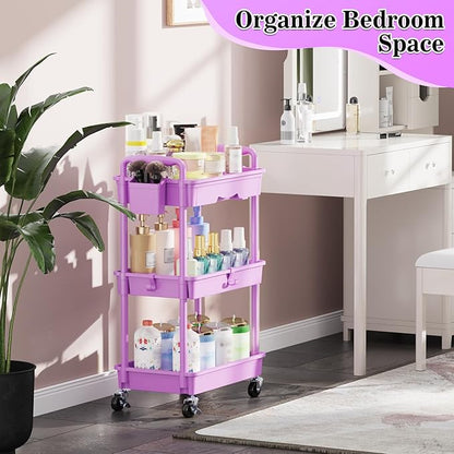 3 Tier Rolling Cart Organizer with Drawer, Bathroom Storage Carts with Wheels & Plastic Shelf, Mobile Storage Organizers for Kitchen, Office, Laundry Room, Baby, Snack, Craft, Makeup, Purple