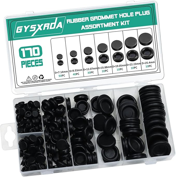 Rubber Grommet Kit 170 Pack - Black Firewall Grommet Assortment 7 Sizes Rubber Cable Hole Plug for Holes, Electrical, Plumbing, Automotive, Boat, Home Improvement Cord Wire Pipe Organization