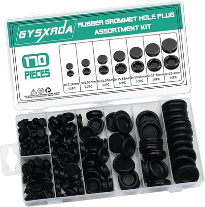 Rubber Grommet Kit 170 Pack - Black Firewall Grommet Assortment 7 Sizes Rubber Cable Hole Plug for Holes, Electrical, Plumbing, Automotive, Boat, Home Improvement Cord Wire Pipe Organization