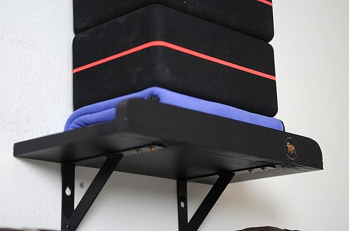 Olivia and Lily Wall-Mounted Yoga Mat Rack with black wood shelf - Organizer for Yoga Mats, Resistance Bands, and Accessories - Home Gym Storage Solution