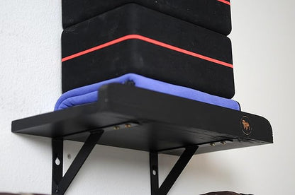Olivia and Lily Wall-Mounted Yoga Mat Rack with black wood shelf - Organizer for Yoga Mats, Resistance Bands, and Accessories - Home Gym Storage Solution