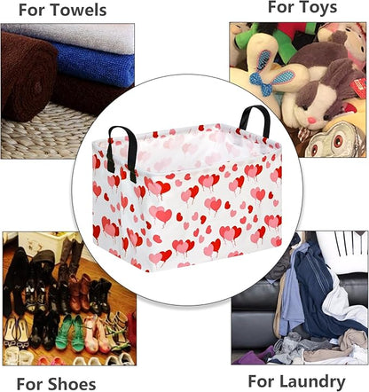 Empty Gift Basket for Girls Heart Print Storage Cube for Women, Closet Shelf Waterproof Organizer Bins with Handles Waterproof Nursery hamper Kids Toys Books Box Room Deco