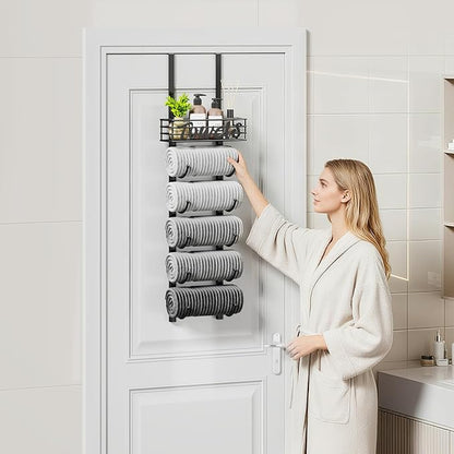 SWTYMIKI Hanging Towel Racks for Bathroom - 6 Tier Over The Door & Wall Mounted Bath Rolled Towel Storage Organizer Holder for Small Bathroom, RV, Camper, Black (Patented)