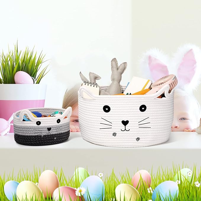 Zopeal Cat Basket Storage Woven Organizer with Ears Easter Decorative Gift Pet Toy Cute Cotton Rope Basket for Gift Cat Dog Toy Bin Nursery Room(13.7 x 7.8 Inch,White)