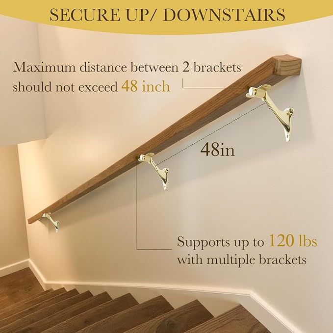 HOME MASTER HARDWARE Handrail Stair Brackets 3 Inch, 6 Pack Light-Duty Support Hardware for Stairways with Screws, Staircase Hand Rail Bracket for Home or Office, Bright Brass Finish