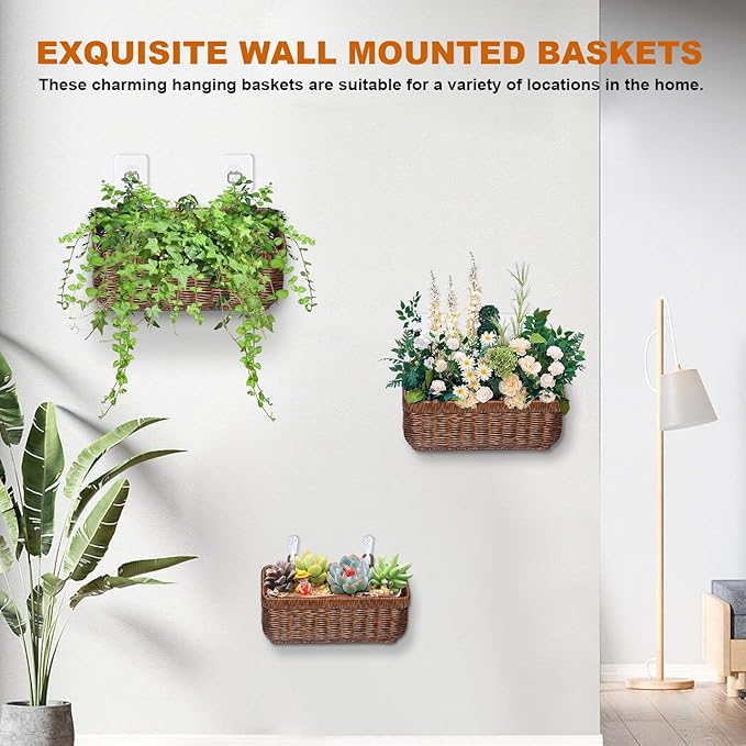 3 PCS Wall Mounted Woven Basket, Boho Kitchen Hanging Basket, Wall-Mounted Planters Holder With Hooks, Storage Boxes For Home Decor, Porche, Indoor And Outdoor, Cafe, And Offices(Brown-Set)
