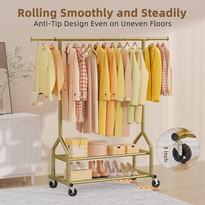 EAGMAK Heavy Duty Clothes Rack Load 556 LBS, Rolling Clothing Rack With Shelves, Height Adjustable Metal Clothes Hanger with Wheels Portable Wardrobe Organizer Garment Rod for Hanging Clothes (Gold)