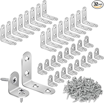 32 PCS L Bracket, Heavy Duty L Brackets for Wood Shelves, with 100* Screws, 90 Degree Stainless Steel Corner Angle Bracket Metal Shelf Brackets Corner Cabinet, 16*(1.6x1.6in), 16*(0.8x0.8in)