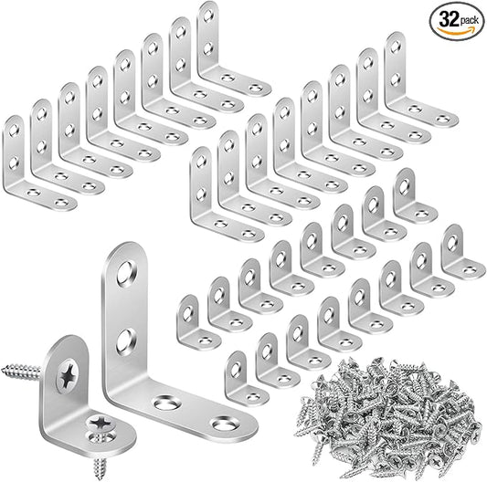 32 PCS L Bracket, Heavy Duty L Brackets for Wood Shelves, with 100* Screws, 90 Degree Stainless Steel Corner Angle Bracket Metal Shelf Brackets Corner Cabinet, 16*(1.6x1.6in), 16*(0.8x0.8in)