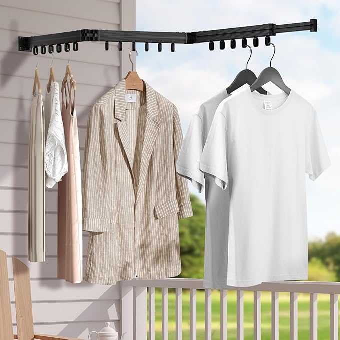 Black Laundry Space Saver Wall Mounted (Tri-Fold) | Only Punch Installation Tools Provided | Retractable, Collapsible | Clothes Drying Rack
