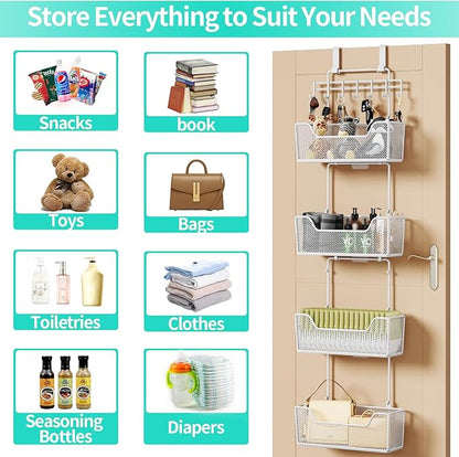 HapiRm Over Door Organizer Storage - Hanging Door Organizer with 4 Metal Large Capacity Baskets and Adjustable Coat Hook for Bathroom Bedroom Kitchen Pantry Closet Cabinet