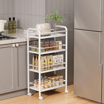 Slim Storage Cart, 4-Tier Small Rolling Cart with Wheels, 9.1" Deep, Narrow Bathroom Shelf Trolley for Kitchen, Bathroom, Laundry Room, White Large 4-Tier (9.1" W x 33.6" H)