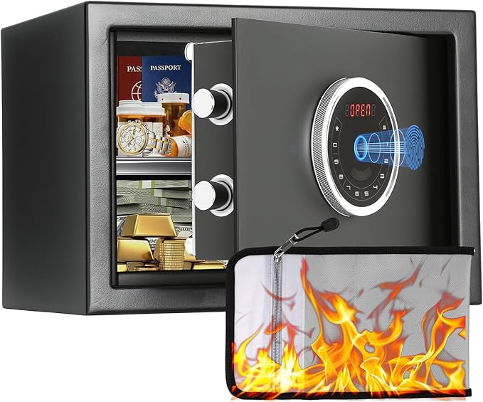 BlackSmith Home Biometric Safe 1.0 Cubic Feet Auto-Open Fingerprint Safe with Backlit Keypad Triple Alarm Security Wall Mount Lock Box for Jewelry & Valuables