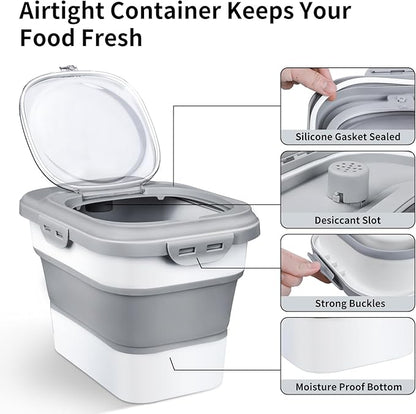Rice Storage Container, Collapsible Airtight Food Storage Containers 6-20 Lbs, Rice Dispenser with Measuring Cup and Small Bin for Flour Cereal Pasta Grain, Cat Pet Dog Bird Food Container