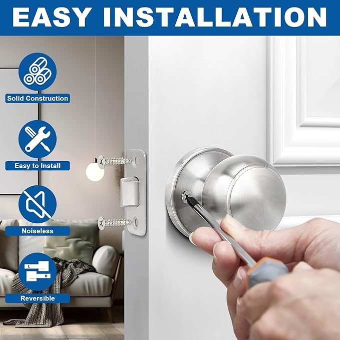 Sopoby Brushed Nickel Door Knob, 6 Pack Round Keyless Doorknobs Interior/Exterior Lockset, Passage Locking Door Knobs for Bedroom/Bathroom, Modern Design Door Hardware