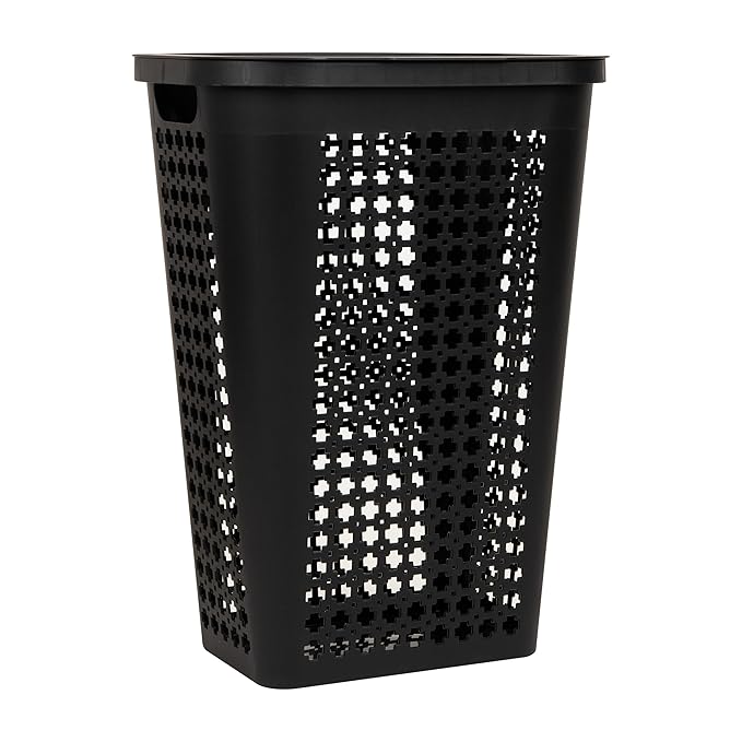 Mind Reader Slim Tapered Laundry Hamper with Lid, Clothes Basket with Swiss Cross Cut-Outs, Lightweight & Ventilated, Plastic, 16.75"L x 12.75"W x 23"H, Black