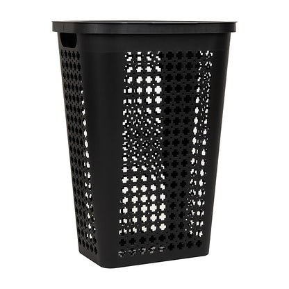 Mind Reader Slim Tapered Laundry Hamper with Lid, Clothes Basket with Swiss Cross Cut-Outs, Lightweight & Ventilated, Plastic, 16.75"L x 12.75"W x 23"H, Black