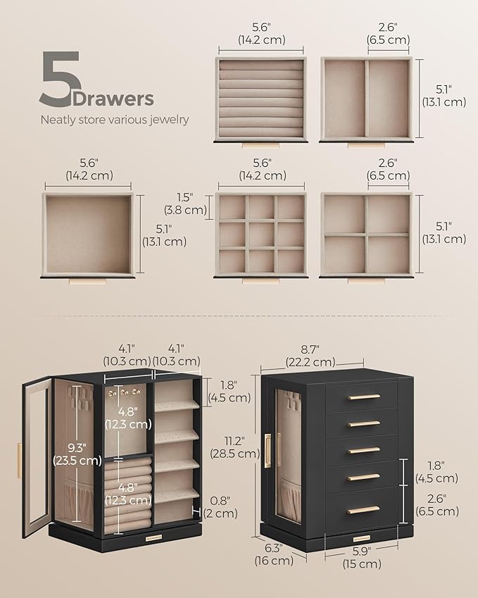 SONGMICS Jewelry Box 360°Rotating, Jewelry Storage Case with 5 Drawers, Jewelry Organizer, Glass Window, Spacious, Vertical Jewelry Storage, Open Design, Great Gift, Graphite Black UJBC170B01