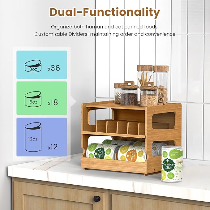 Teamkio Canned Cat Food Organizer, Bamboo Can Organizer for Pantry, 2 Tier Stackable Can Storage Rack Ideal for 36 Cans Wet Cat Food Organizer (FIFO)