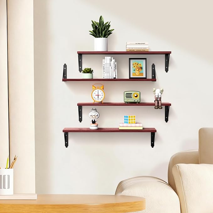 Wood Floating Shelves Set of 4, Rustic Storage Decor Wall Shelves, Wall Mounted Shelf for Living Room, Bedroom 23.6" x 6", Red