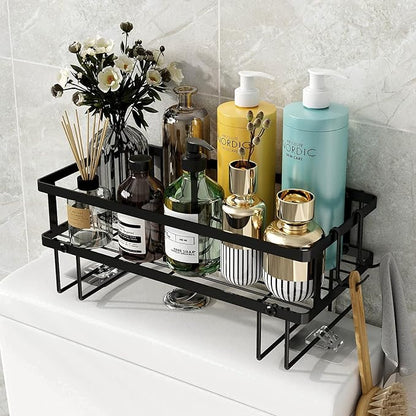 Godboat Bathroom Organizer - Over Toilet Storage, Floating Shelves with 2 Hooks, Wall Mounted Shelf Rack, Behind and Above The Tank, Gifts for Women (Black, 1-Tier)