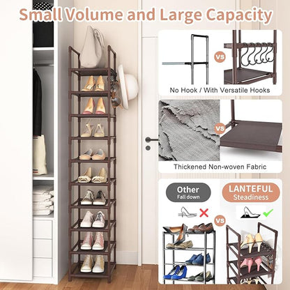 Tall Shoe Rack 10-Tier Narrow Shoe Shelf Storage for 10-15 Pairs Shoe and Boot, Sturdy Shoe Storage Space Saving Corner Shoe Rack Organizer for Closet, Entryway, Living Room, Brown