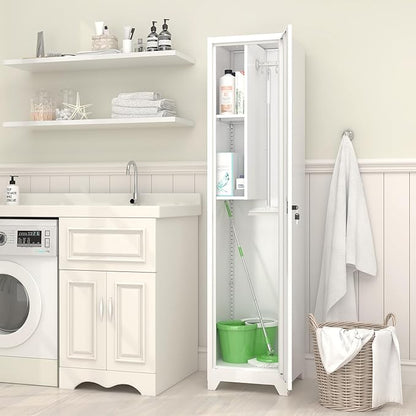 GREATMEET Broom Closet Storage Cabinet, Metal Utility Cabinet, Tall Laundry Room Cabinet, Slim Storage Cabinets for Laundry, Living Room, Office, White