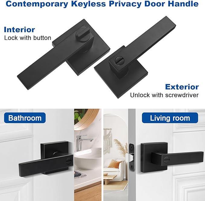 Estmoon 1 Pack Door Handle Black Interior Door Knobs, Keyless Privacy Door Lock for Bathroom, Heavy Duty Zinc Alloy, 2.07 lb Door Lever Set for Bedroom Bathroom