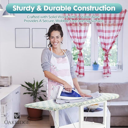 OakRidge Deluxe Ironing Board with Storage Cabinet, Perfect for Small Spaces with Extra Storage, Folding Station, Crafted with 100% Durable Wood, White Design – Measures 36.5" H x 15.5" W x 23" L